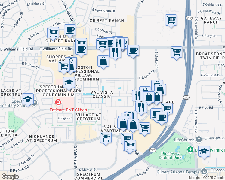 map of restaurants, bars, coffee shops, grocery stores, and more near 1848 East Hampton Lane in Gilbert