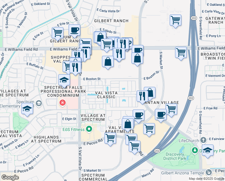 map of restaurants, bars, coffee shops, grocery stores, and more near 1824 East Hampton Lane in Gilbert