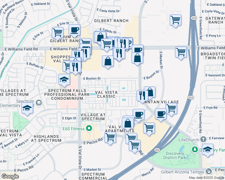 map of restaurants, bars, coffee shops, grocery stores, and more near 1824 East Hampton Lane in Gilbert