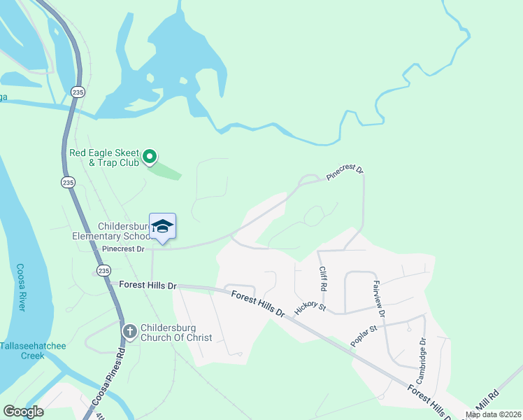 map of restaurants, bars, coffee shops, grocery stores, and more near 638 Pinecrest Drive in Childersburg