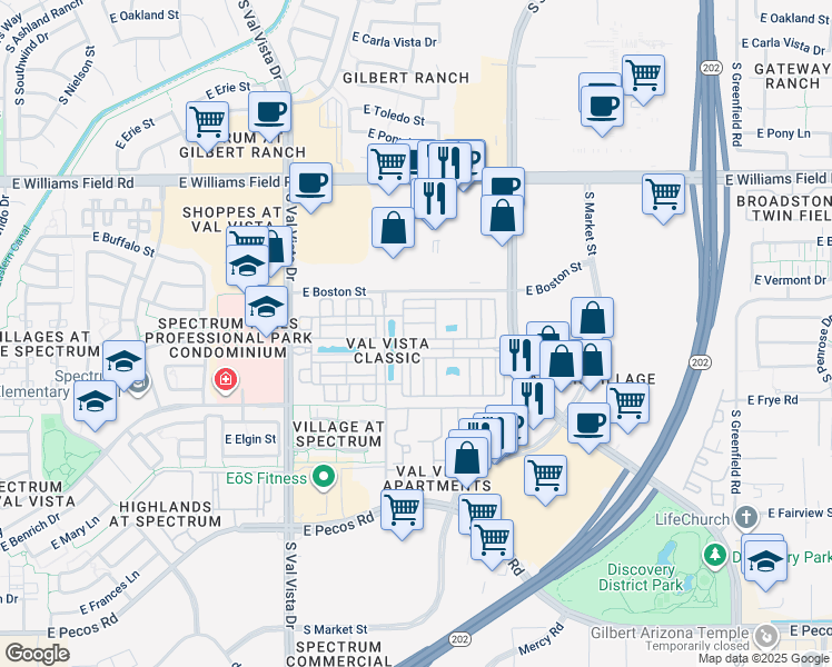 map of restaurants, bars, coffee shops, grocery stores, and more near 1824 East Hampton Lane in Gilbert
