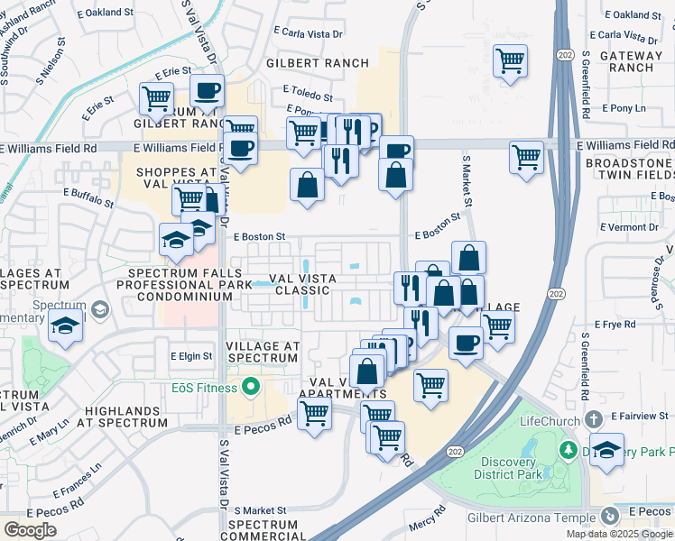 map of restaurants, bars, coffee shops, grocery stores, and more near 1848 East Hampton Lane in Gilbert