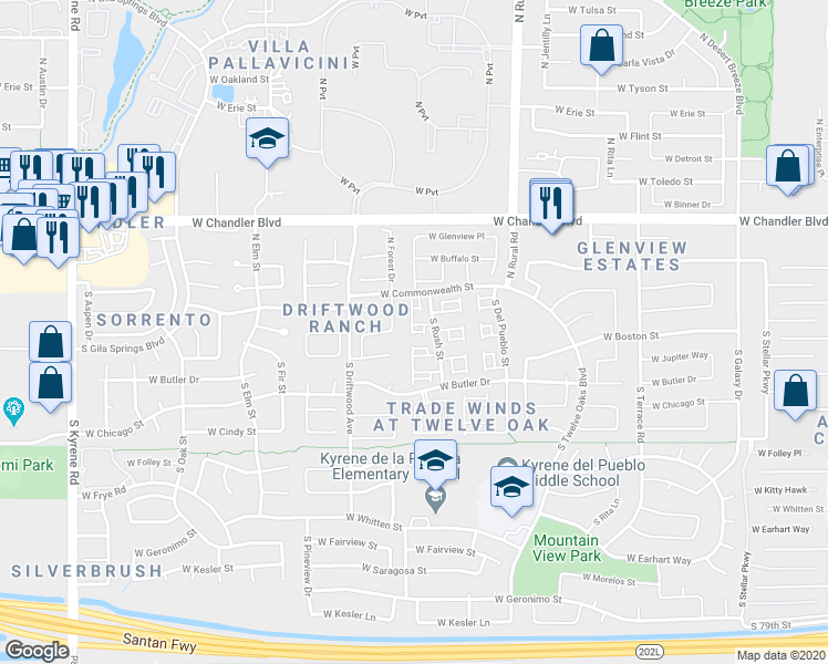 map of restaurants, bars, coffee shops, grocery stores, and more near 5124 South Boston Way in Chandler