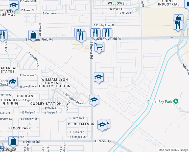 map of restaurants, bars, coffee shops, grocery stores, and more near 4041 East Jesse Street in Gilbert