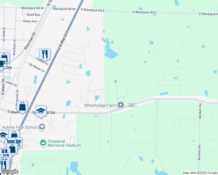 map of restaurants, bars, coffee shops, grocery stores, and more near 1019 Spring Hill Road in Aubrey