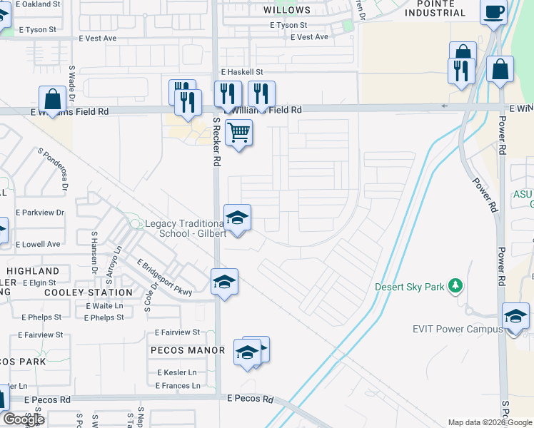 map of restaurants, bars, coffee shops, grocery stores, and more near 4157 East Bernice Street in Gilbert