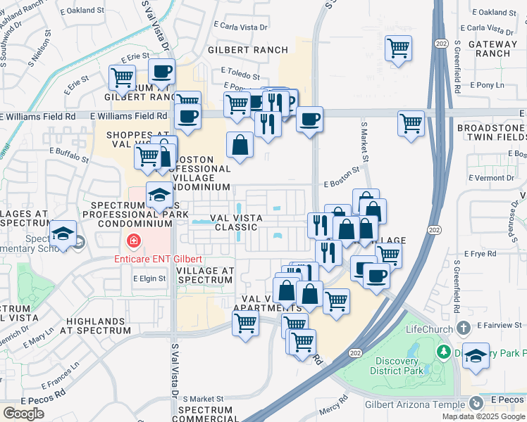 map of restaurants, bars, coffee shops, grocery stores, and more near 1860 East Bridgeport Parkway in Gilbert