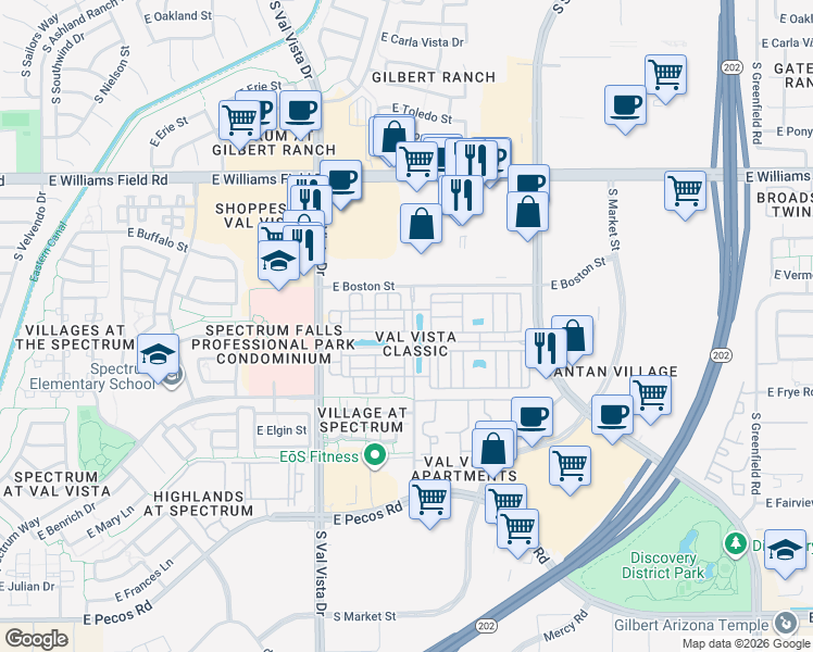 map of restaurants, bars, coffee shops, grocery stores, and more near 2670 South Voyager Drive in Gilbert