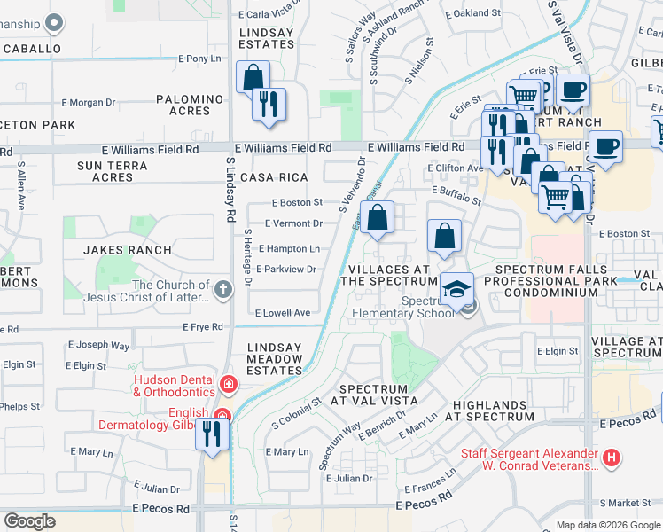map of restaurants, bars, coffee shops, grocery stores, and more near 2679 South Velvendo Drive in Gilbert