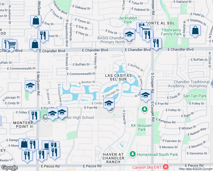 map of restaurants, bars, coffee shops, grocery stores, and more near 137 South Lakeview Boulevard in Chandler