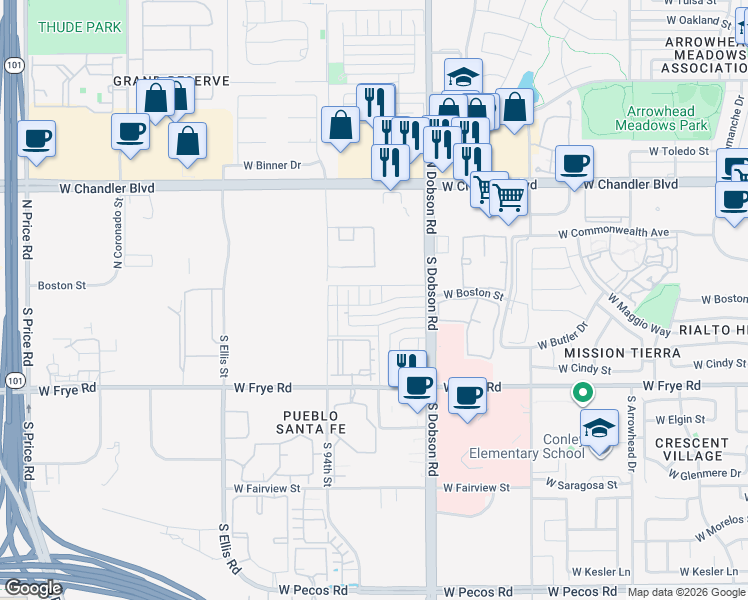 map of restaurants, bars, coffee shops, grocery stores, and more near 2197 West Boston Street in Chandler