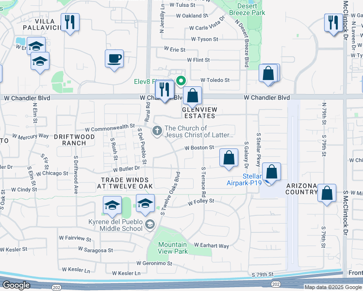 map of restaurants, bars, coffee shops, grocery stores, and more near 4831 West Boston Street in Chandler
