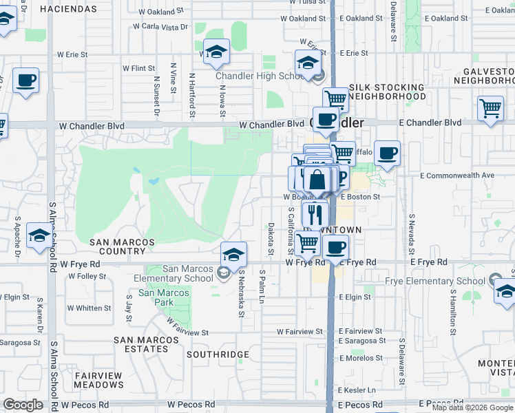 map of restaurants, bars, coffee shops, grocery stores, and more near 141 South Nebraska Street in Chandler
