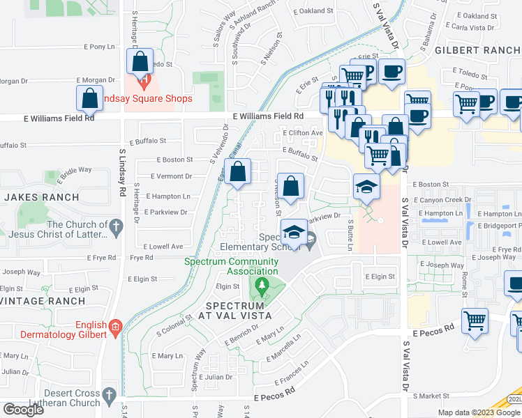 map of restaurants, bars, coffee shops, grocery stores, and more near 2667 South Sailors Way in Gilbert