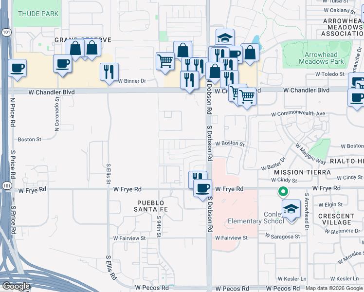 map of restaurants, bars, coffee shops, grocery stores, and more near 2197 West Boston Street in Chandler