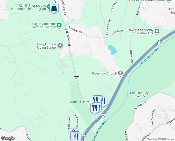 map of restaurants, bars, coffee shops, grocery stores, and more near 4923 Sweetgrass Lane in Bonsall