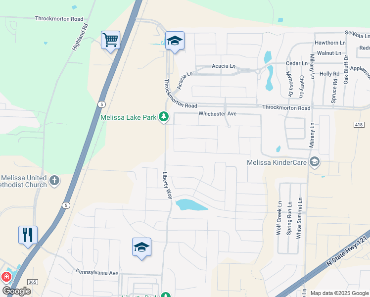 map of restaurants, bars, coffee shops, grocery stores, and more near 1541-1799 Pvt Road 5039 in Melissa