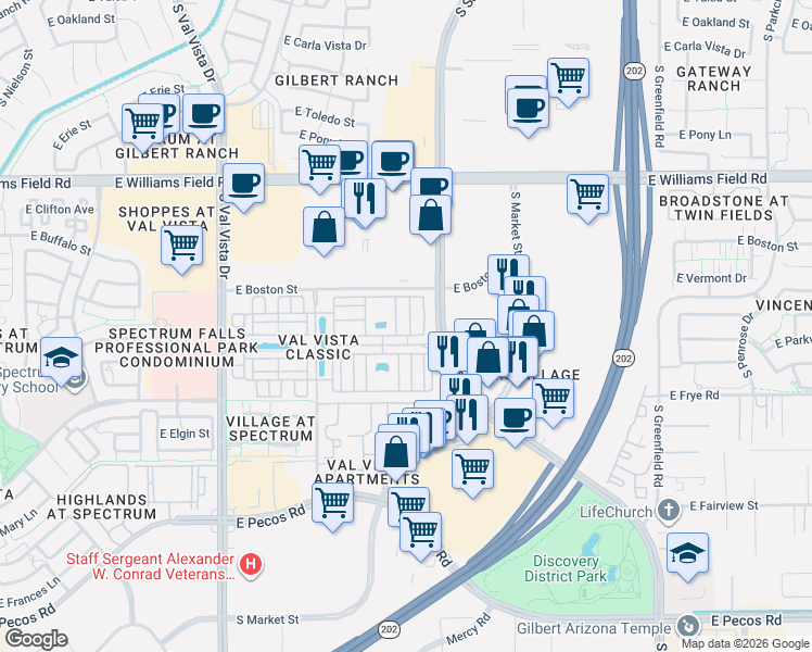 map of restaurants, bars, coffee shops, grocery stores, and more near 1917 East Hampton Lane in Gilbert