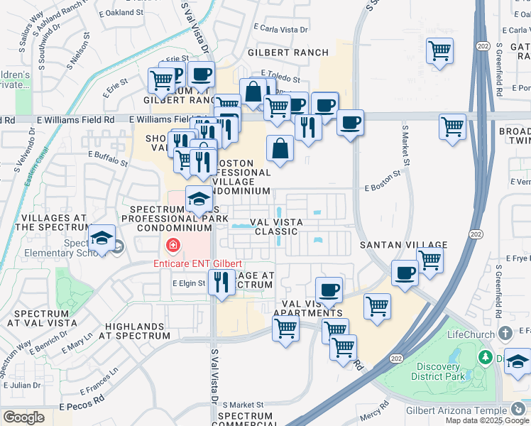 map of restaurants, bars, coffee shops, grocery stores, and more near 1723 East Hampton Lane in Gilbert