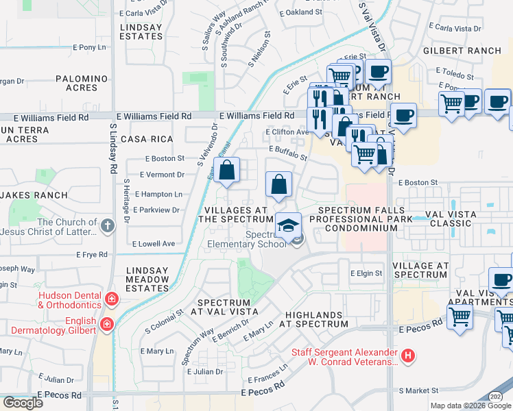 map of restaurants, bars, coffee shops, grocery stores, and more near 2684 South Nielson Street in Gilbert