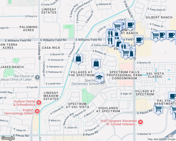 map of restaurants, bars, coffee shops, grocery stores, and more near 2684 South Nielson Street in Gilbert