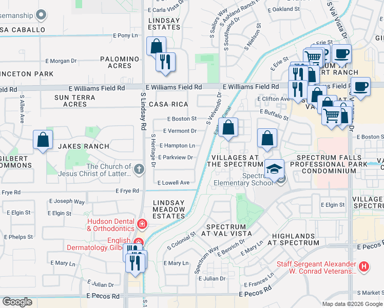 map of restaurants, bars, coffee shops, grocery stores, and more near 955 East Parkview Drive in Gilbert