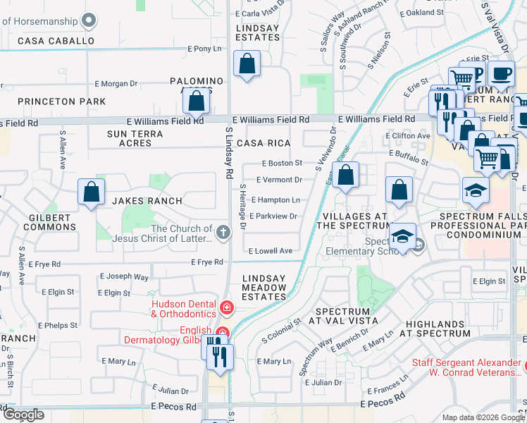 map of restaurants, bars, coffee shops, grocery stores, and more near 881 East Parkview Drive in Gilbert