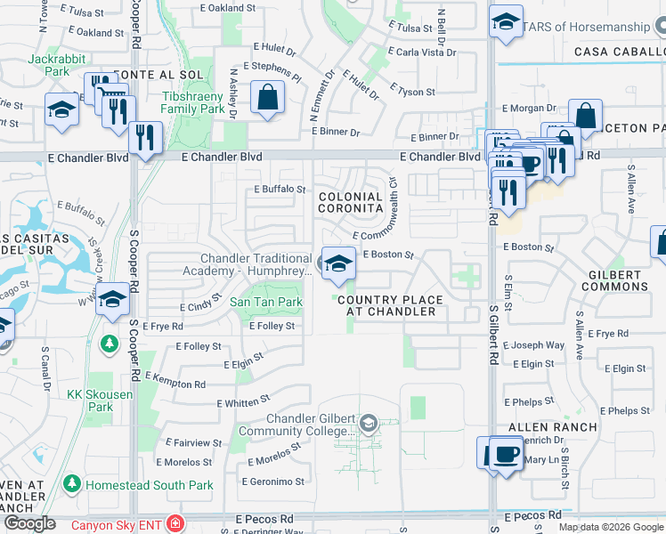 map of restaurants, bars, coffee shops, grocery stores, and more near 125 South 132nd Street in Chandler