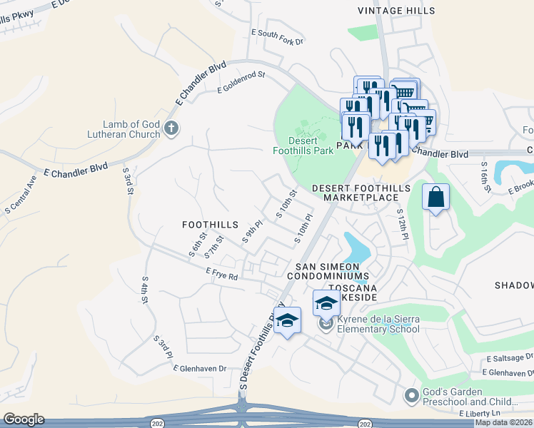 map of restaurants, bars, coffee shops, grocery stores, and more near 16003 South 9th Place in Phoenix