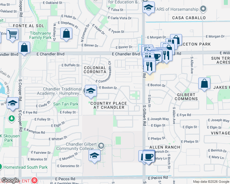 map of restaurants, bars, coffee shops, grocery stores, and more near 16035 South Country Place in Chandler