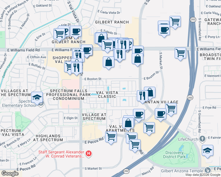 map of restaurants, bars, coffee shops, grocery stores, and more near 2670 South Voyager Drive in Gilbert