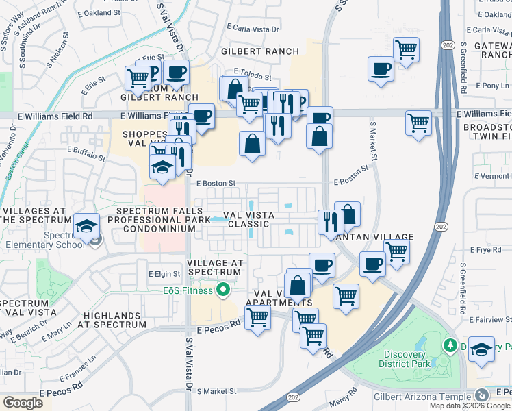 map of restaurants, bars, coffee shops, grocery stores, and more near 2670 South Voyager Drive in Gilbert