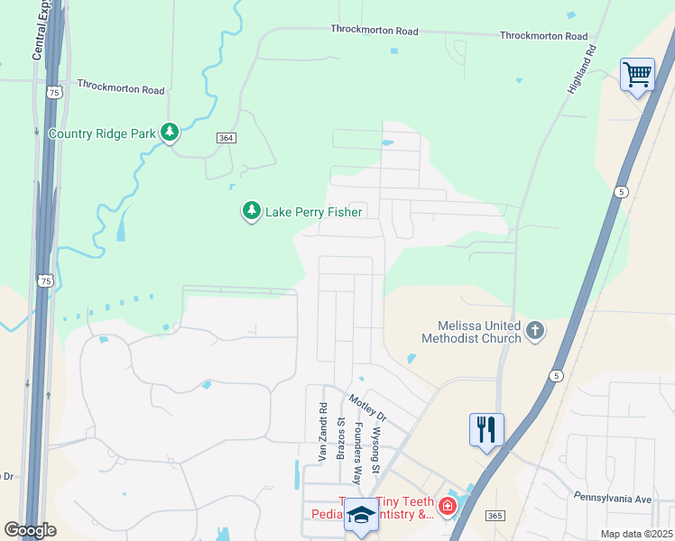 map of restaurants, bars, coffee shops, grocery stores, and more near 1109 Parker Drive in Melissa