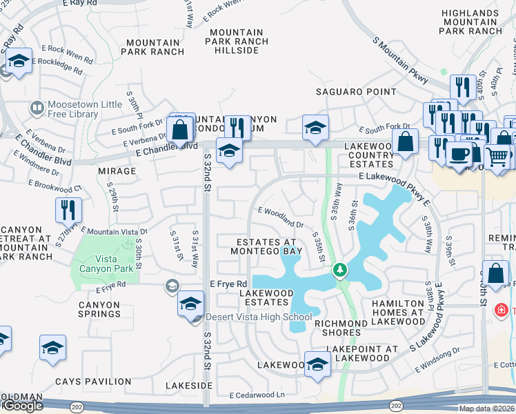 map of restaurants, bars, coffee shops, grocery stores, and more near 3341 East Woodland Drive in Phoenix