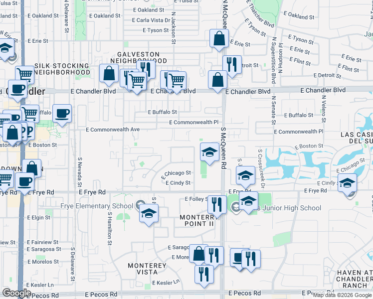 map of restaurants, bars, coffee shops, grocery stores, and more near 120 South Robins Court in Chandler