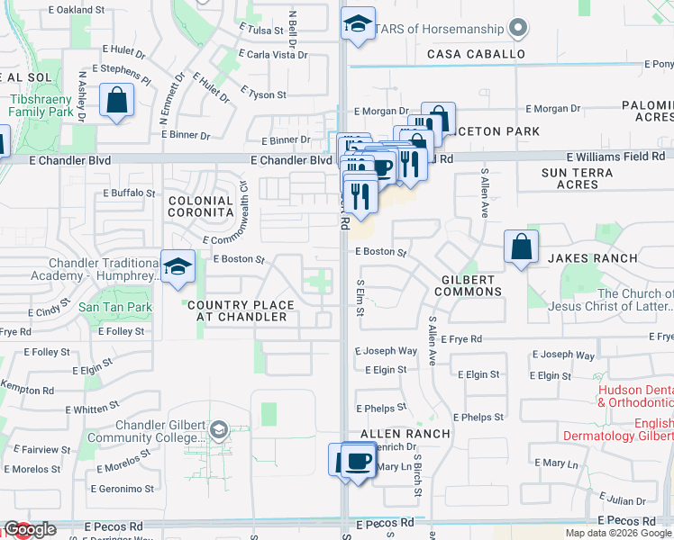 map of restaurants, bars, coffee shops, grocery stores, and more near 16023 South Spartan Street in Chandler