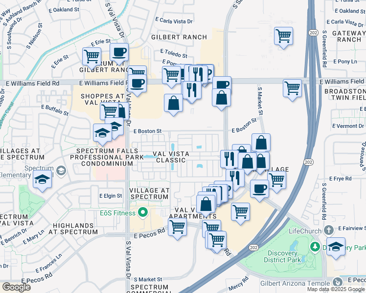 map of restaurants, bars, coffee shops, grocery stores, and more near 1823 East Chelsea Lane in Gilbert