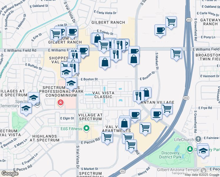 map of restaurants, bars, coffee shops, grocery stores, and more near 1823 East Chelsea Lane in Gilbert