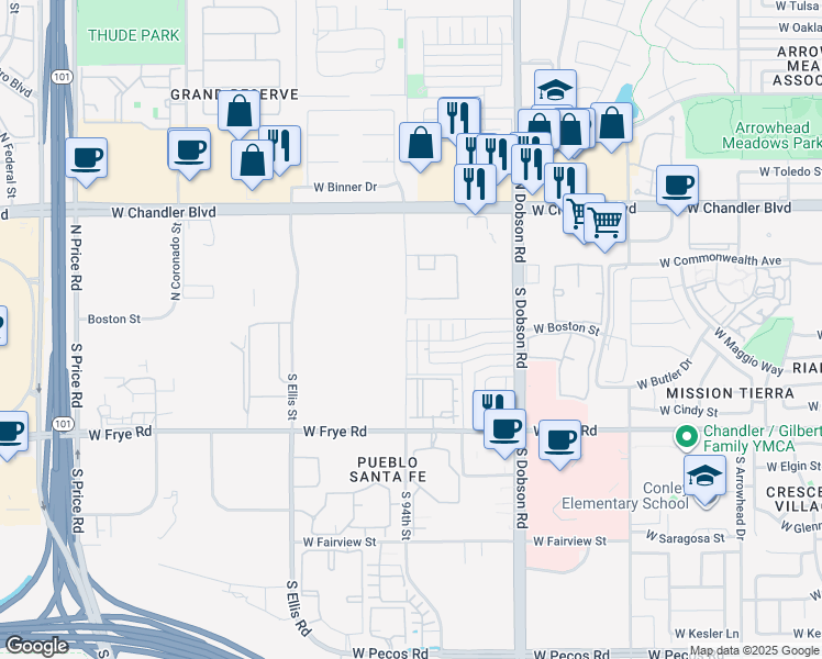 map of restaurants, bars, coffee shops, grocery stores, and more near 109 South 94th Street in Chandler
