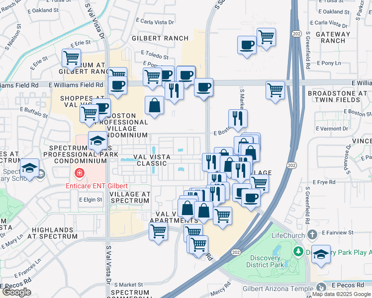 map of restaurants, bars, coffee shops, grocery stores, and more near 1917 East Hampton Lane in Gilbert