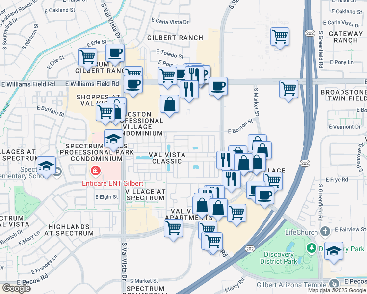 map of restaurants, bars, coffee shops, grocery stores, and more near 1860 East Bridgeport Parkway in Gilbert