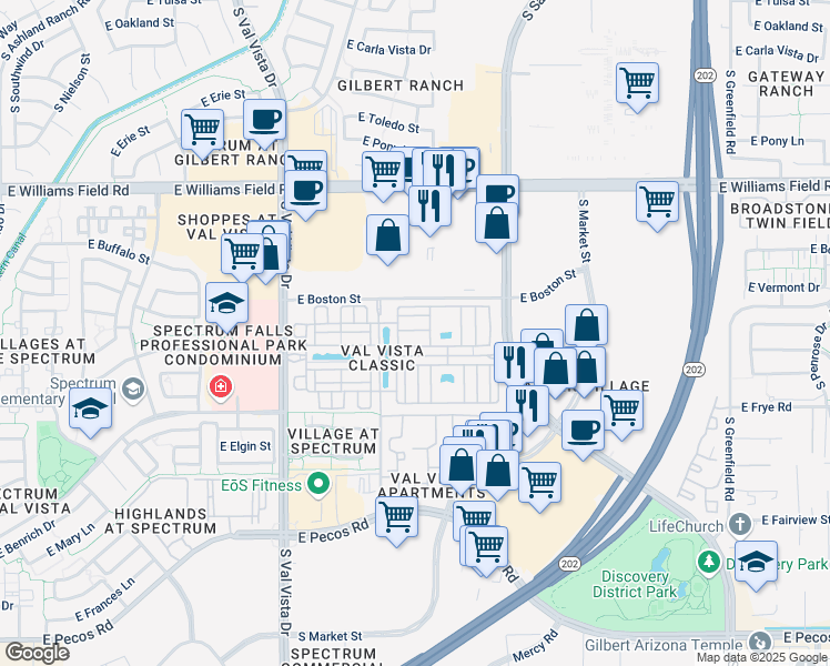 map of restaurants, bars, coffee shops, grocery stores, and more near 1860 East Bridgeport Parkway in Gilbert