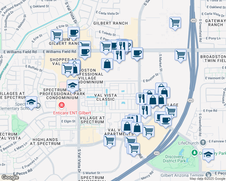 map of restaurants, bars, coffee shops, grocery stores, and more near 1860 East Bridgeport Parkway in Gilbert