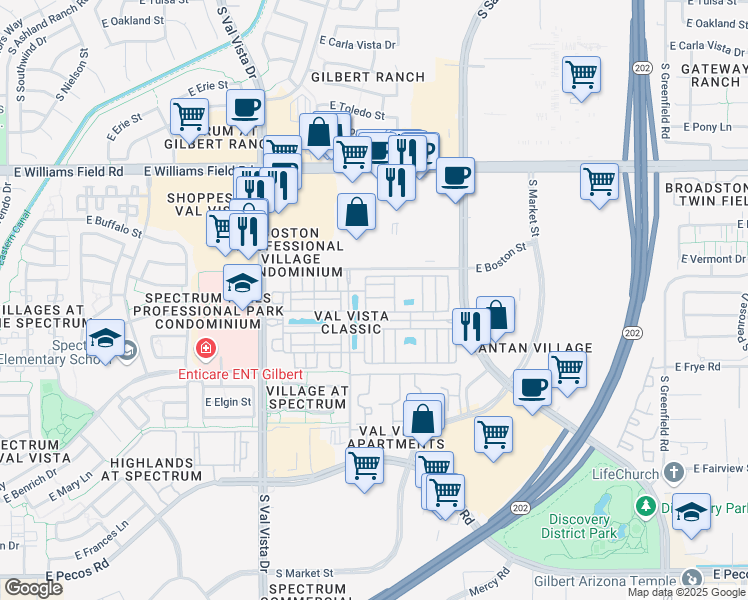 map of restaurants, bars, coffee shops, grocery stores, and more near 2670 South Voyager Drive in Gilbert