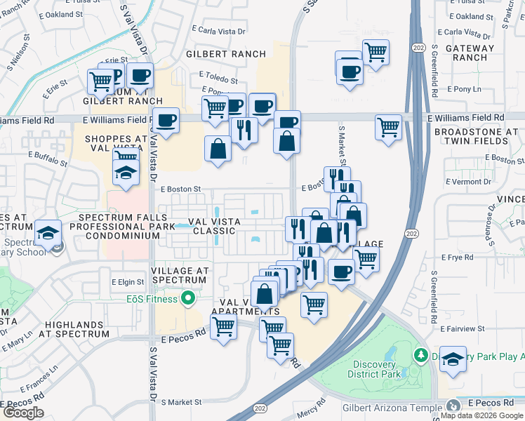 map of restaurants, bars, coffee shops, grocery stores, and more near 1917 East Hampton Lane in Gilbert