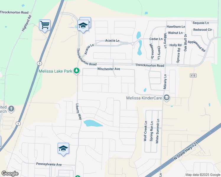 map of restaurants, bars, coffee shops, grocery stores, and more near 3823 Wolf Creek Lane in Melissa