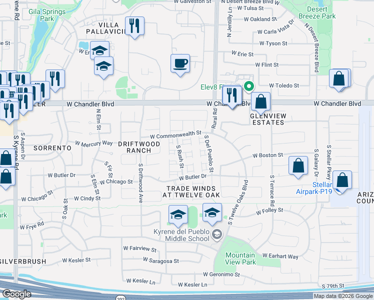 map of restaurants, bars, coffee shops, grocery stores, and more near 5155 West Boston Way South in Chandler