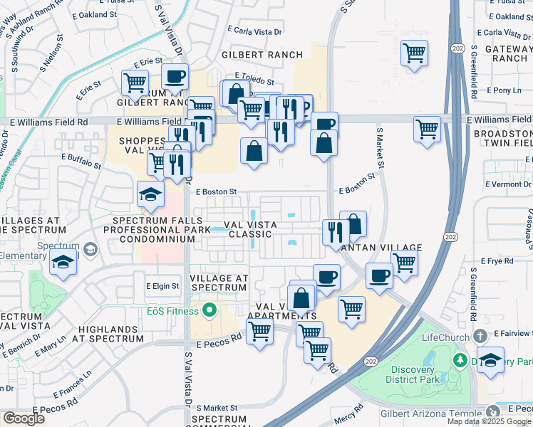 map of restaurants, bars, coffee shops, grocery stores, and more near 1823 East Chelsea Lane in Gilbert