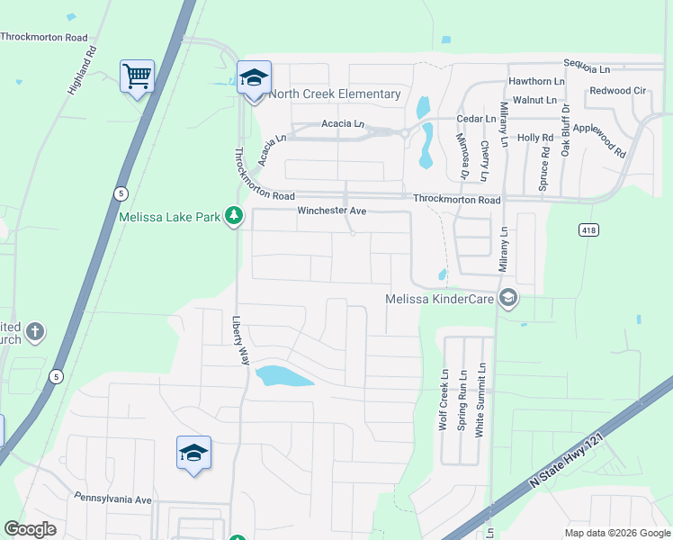 map of restaurants, bars, coffee shops, grocery stores, and more near 3823 Wolf Creek Lane in Melissa