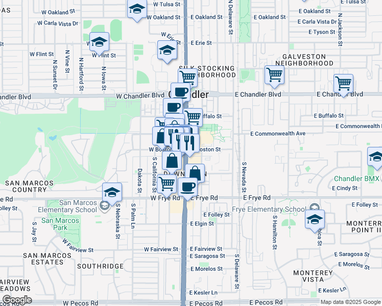 map of restaurants, bars, coffee shops, grocery stores, and more near in Chandler
